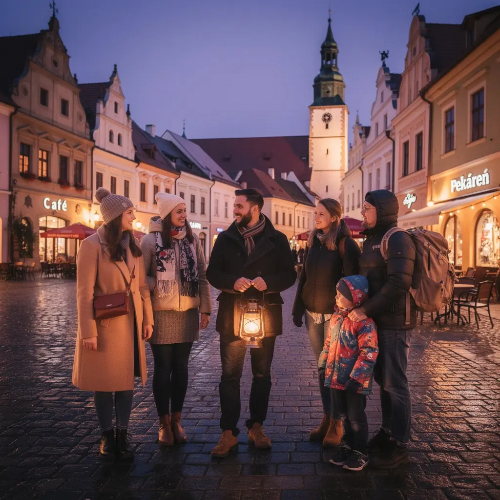 An informative signpost displaying key phrases in Slovak, aiding travelers in navigating the historic district.